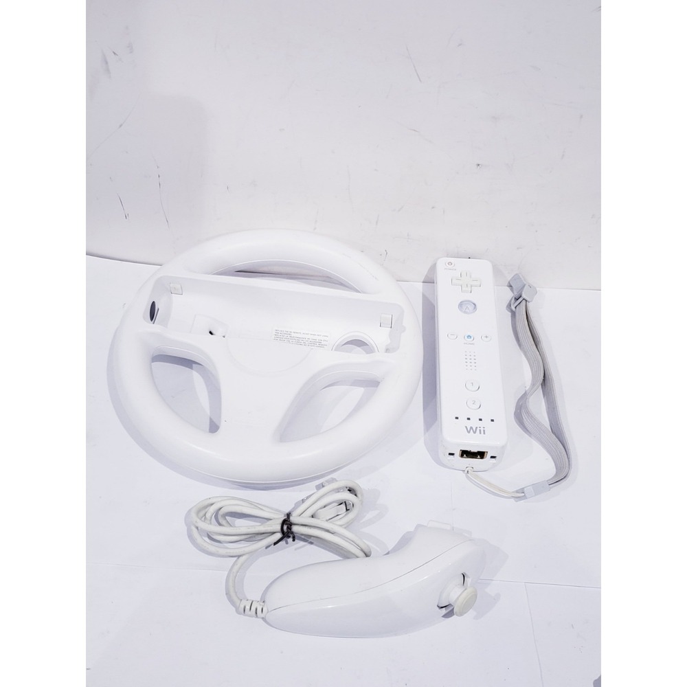 OEM Nintendo Wii Remote Controller RVL-003 With Nunchuck RVL-004 & Wii Wheel
